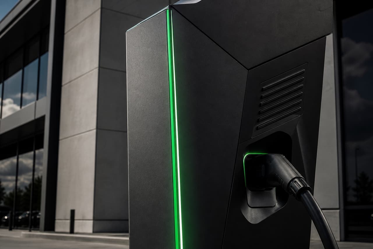 A dark commercial DC fast charging unit outside a modern retail building, with a glowing green LED strip along its edge.