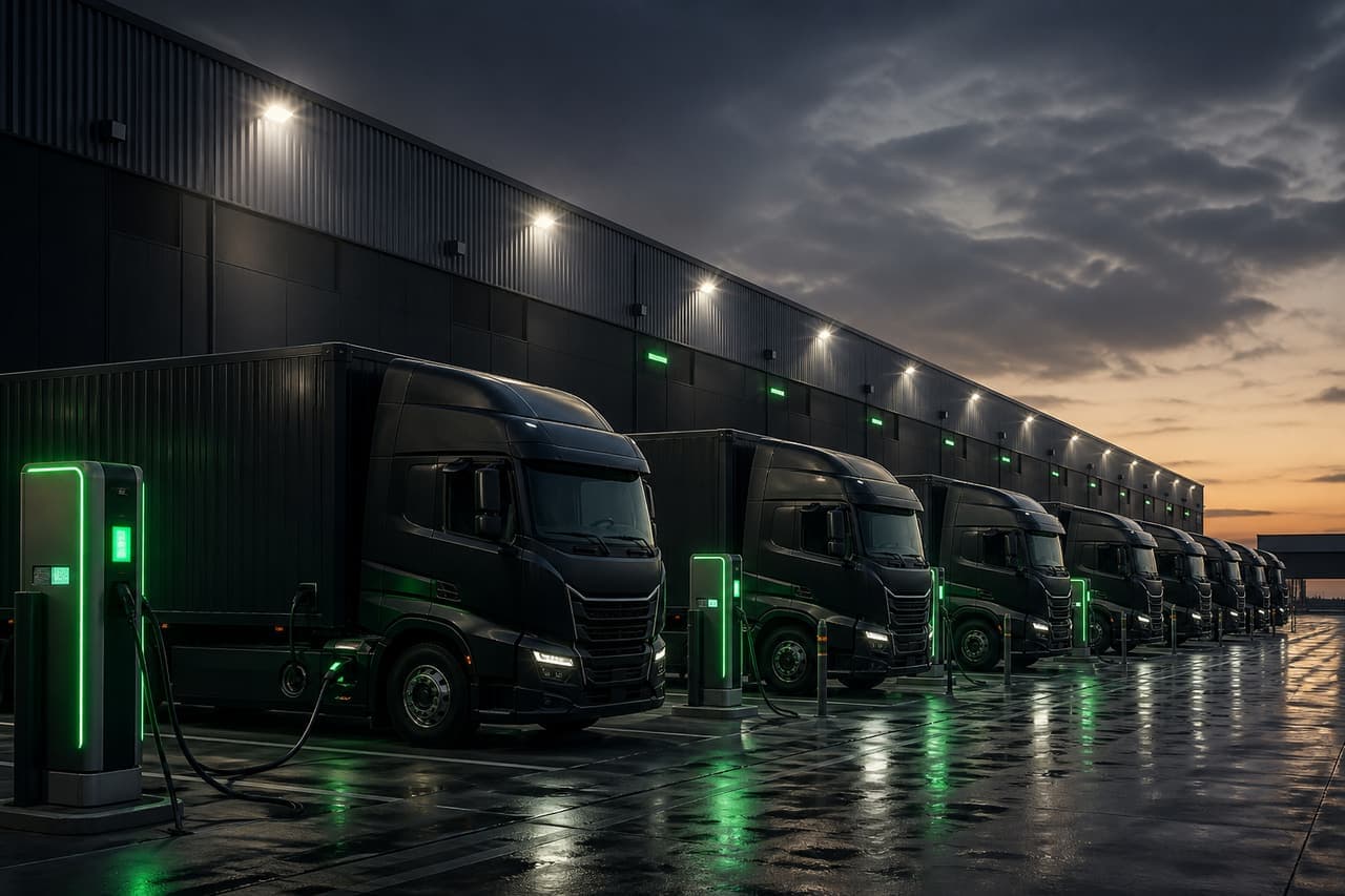 A row of electric delivery trucks charging at an industrial logistics depot at dusk, each connected to a glowing green charging pillar.