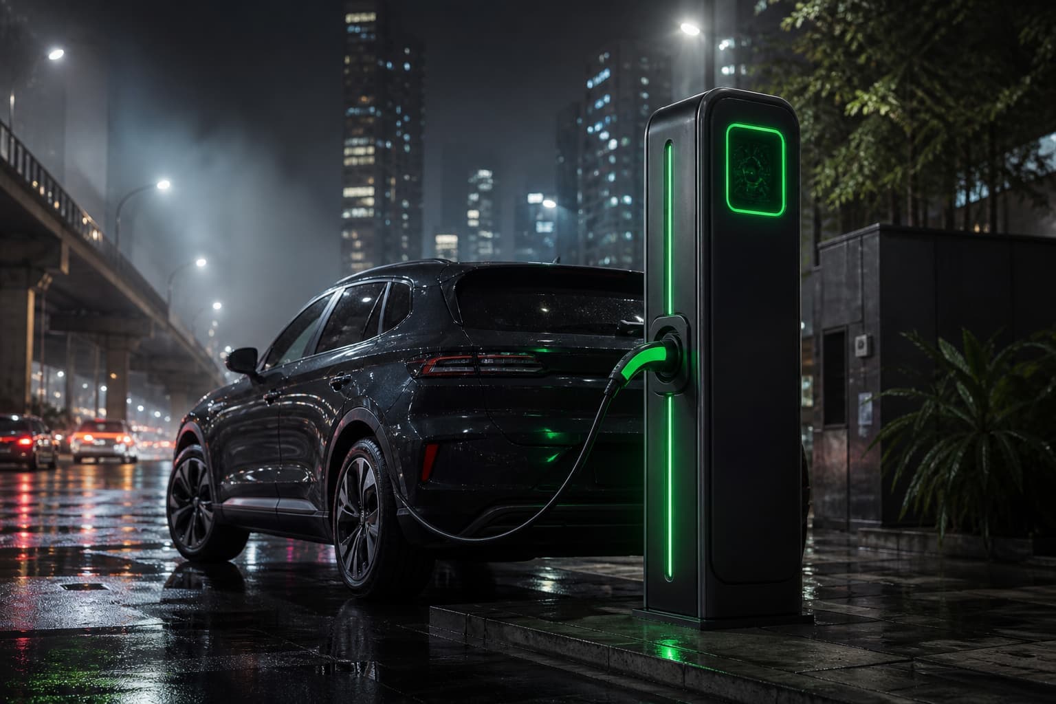 A NexVolt EV charging station glowing with green light at night on a rain-slicked city street, with an electric SUV plugged in and city towers in the background.