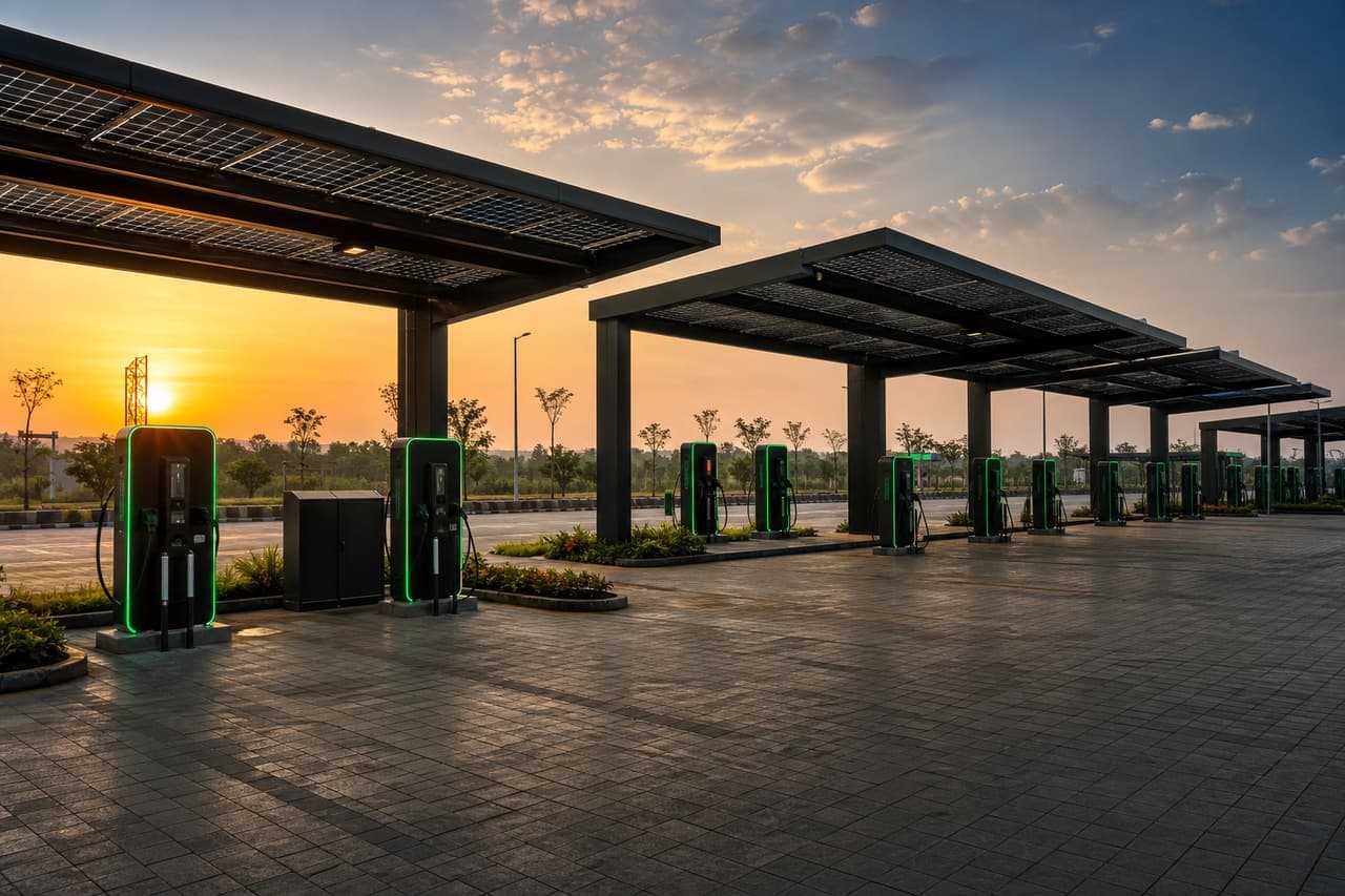 A highway EV charging plaza at sunrise, with rows of green-lit charging dispensers under a solar canopy.