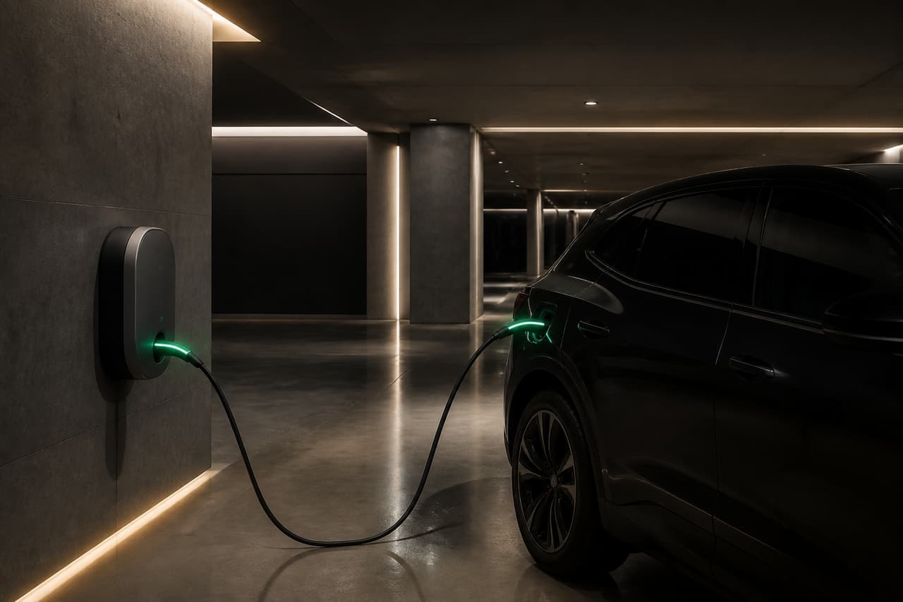 A minimalist AC EV charger mounted in an underground residential parking garage, with a glowing green cable plugged into a dark SUV.