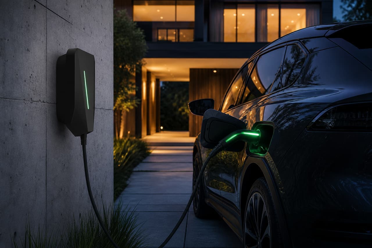 A dark residential AC EV charger mounted on a concrete wall at dusk, charging a car in a modern home driveway.
