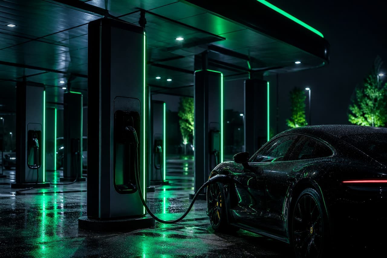 A row of tall DC fast-charging stations at night with bright green LED strips, one connected to a dark sports car on wet pavement.