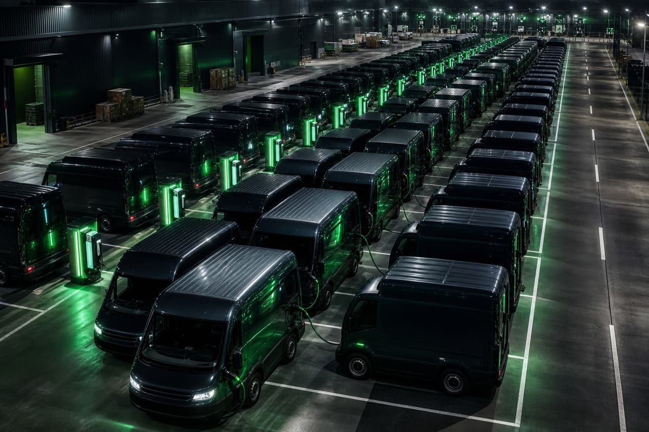 An elevated view of a fleet of electric delivery vans parked in precise rows at a depot, each linked to a green-lit charging unit.