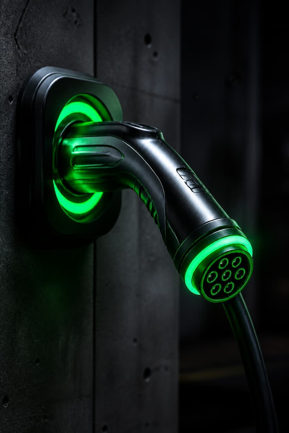 Close-up of an EV charging connector glowing green, held against a dark concrete wall.