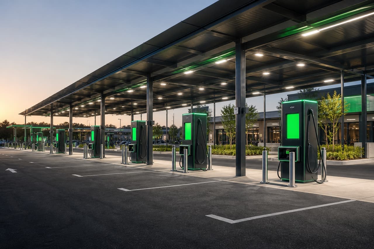 A highway EV charging plaza with multiple dark dispensers under a flat canopy, terminal screens glowing green.