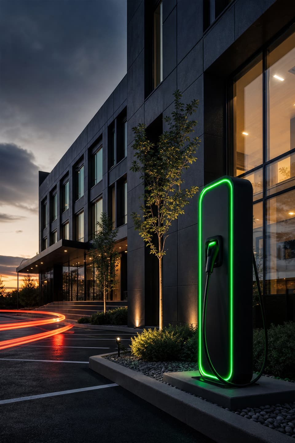 A modern commercial office building at dusk with a green-lit EV charging station installed in the foreground parking area.